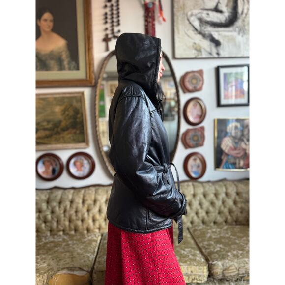 Vintage Wilsons Leather Hooded Black Jacket w Faux Fur Lining Small - Picture 6 of 12